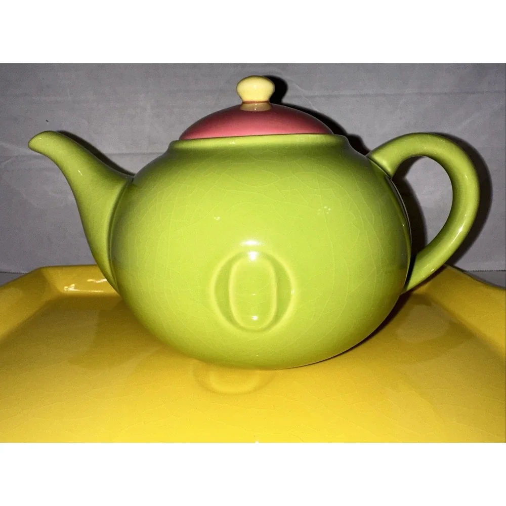 Tea Set Teapot‎ Two Mugs & Tray Green Pink Yellow Color Block 4pc Oprah Winfrey